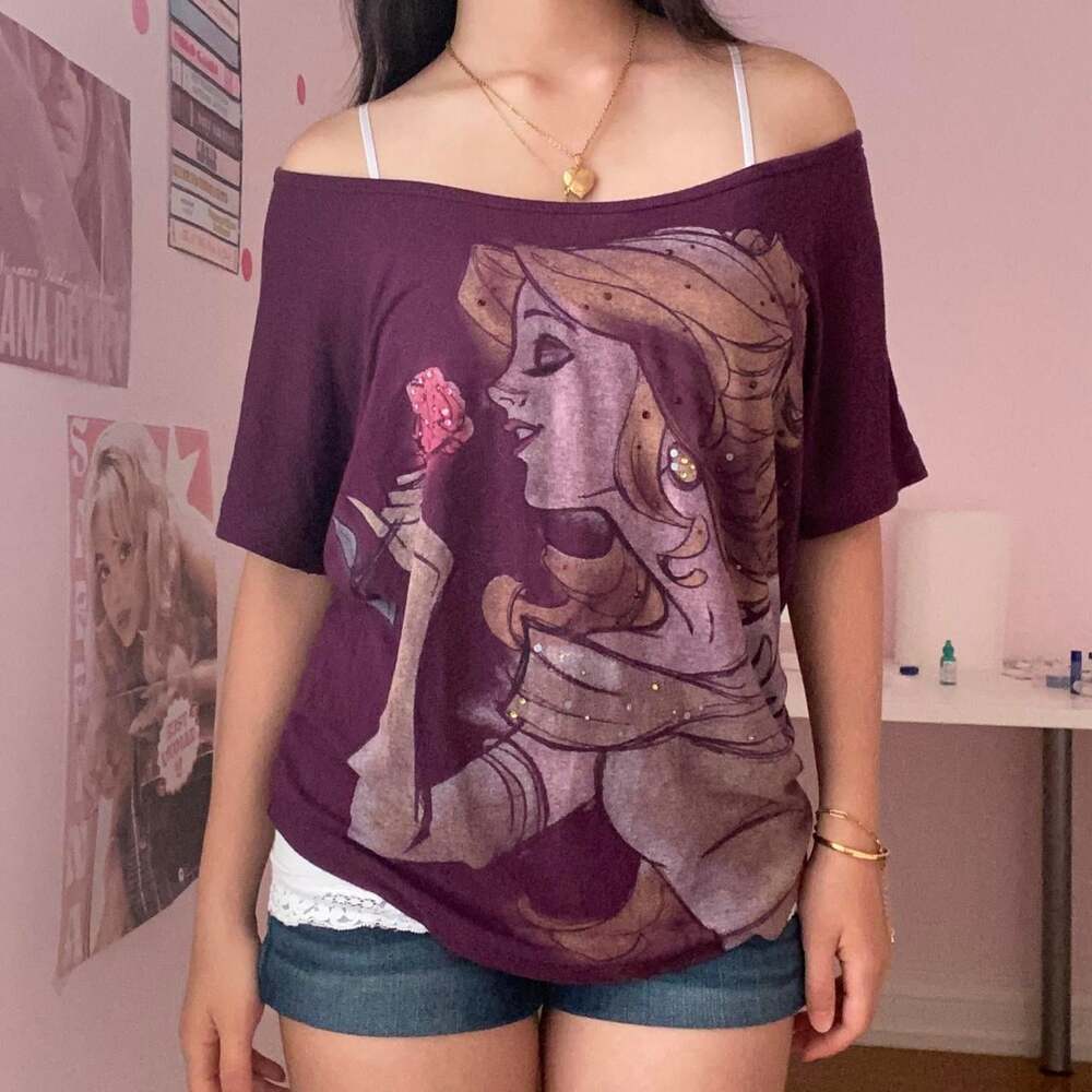 y2k off the shoulder dark purple disney belle t-shirt